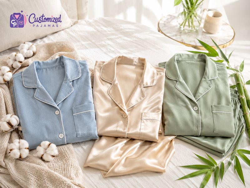 are-pajamas-a-good-gift-1 Three folded custom pajama sets in blue, champagne silk, and green bamboo fabric displayed on a cozy bed with cotton flowers and natural decor.