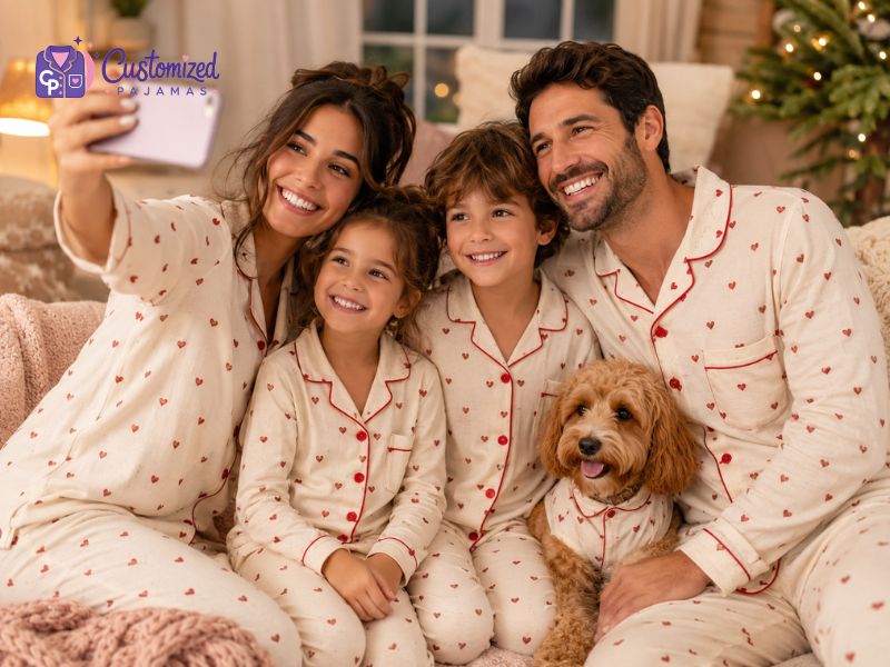 are-pajamas-a-good-gift-2 Family wearing matching custom heart pajamas with their dog, taking a cozy selfie by the Christmas tree for a warm holiday sleepwear moment.
