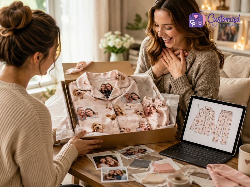 are-pajamas-a-good-gift-3 Woman receiving custom photo pajamas in a gift box, with family and pet photos printed on personalized sleepwear.