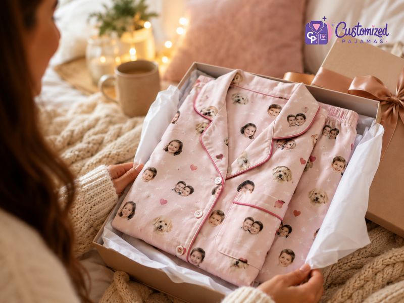 are-pajamas-a-good-gift-6 Personalized pink photo pajamas with family and pet faces displayed in a gift box, perfect custom sleepwear gift for loved ones.
