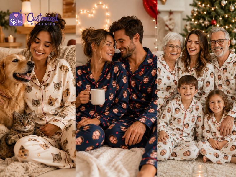 are-pajamas-a-good-gift-7 Personalized photo pajamas for pet lovers, couples, and families wearing matching custom sleepwear at Christmas.
