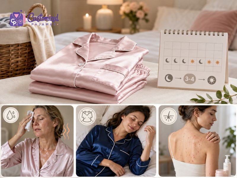 Customized Pajamas pink satin sleepwear set next to a calendar, featuring women experiencing night sweats, peaceful sleeping, and back acne relief.