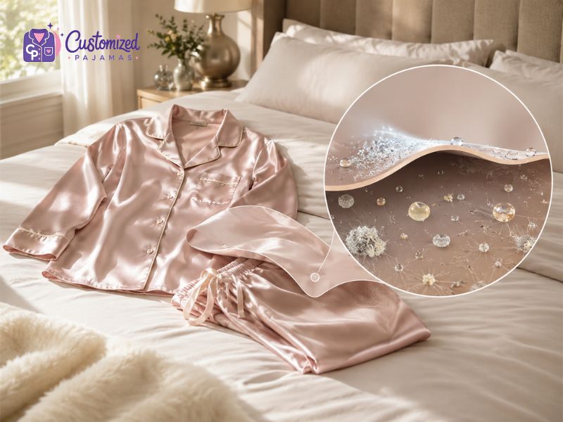 Customized Pajamas blush pink satin pajama set on a bed with a close-up circle showing fabric texture and water-resistant material properties.