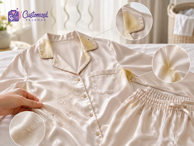 Yellow sweat stains on collar and underarms of silk pajamas with fabric pilling close-up details.