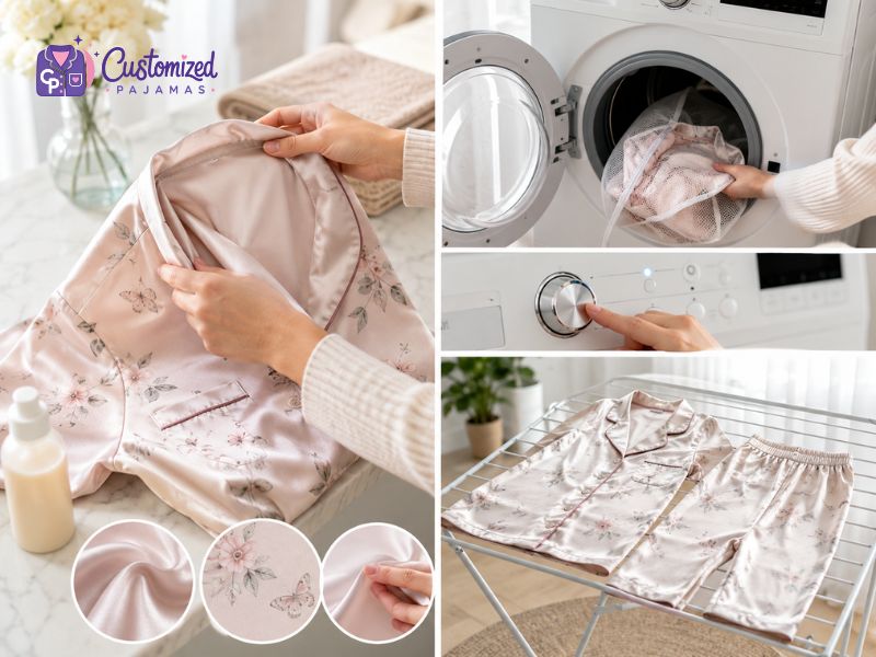 Step-by-step guide on how to wash and dry silk Customized Pajamas with floral print.