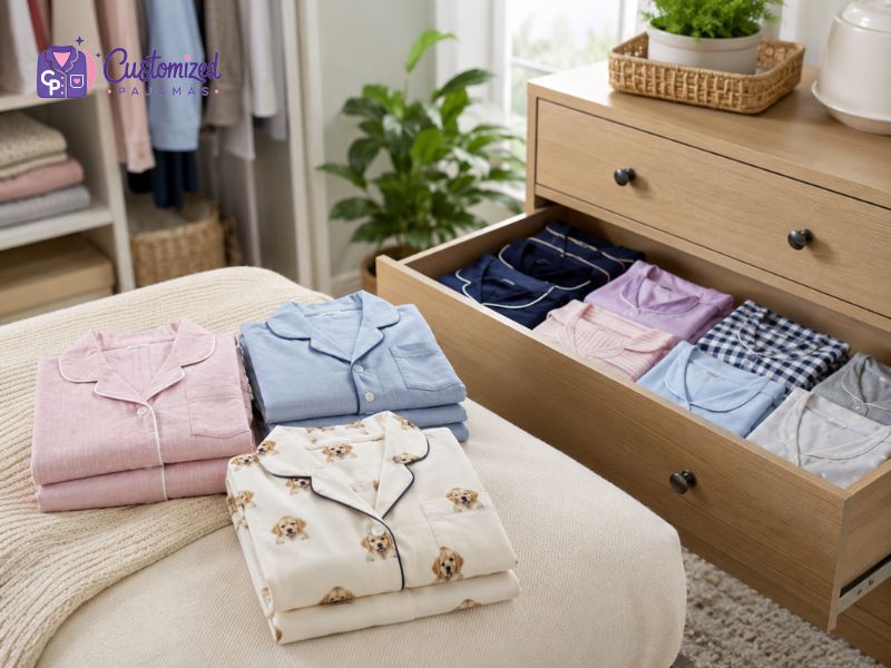 how-to-fold-pajama-sets-1 A stack of various customized pajamas, including pairs with pet patterns and solid colors, neatly folded on a bed and inside an open wooden dresser drawer.