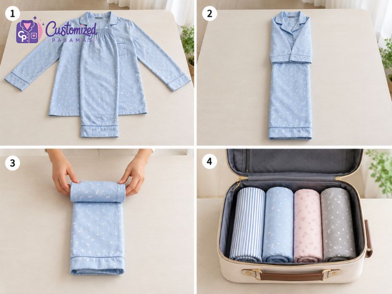 how-to-fold-pajama-sets-2 Step-by-step guide on how to fold pajamas efficiently for travel packing in a suitcase.