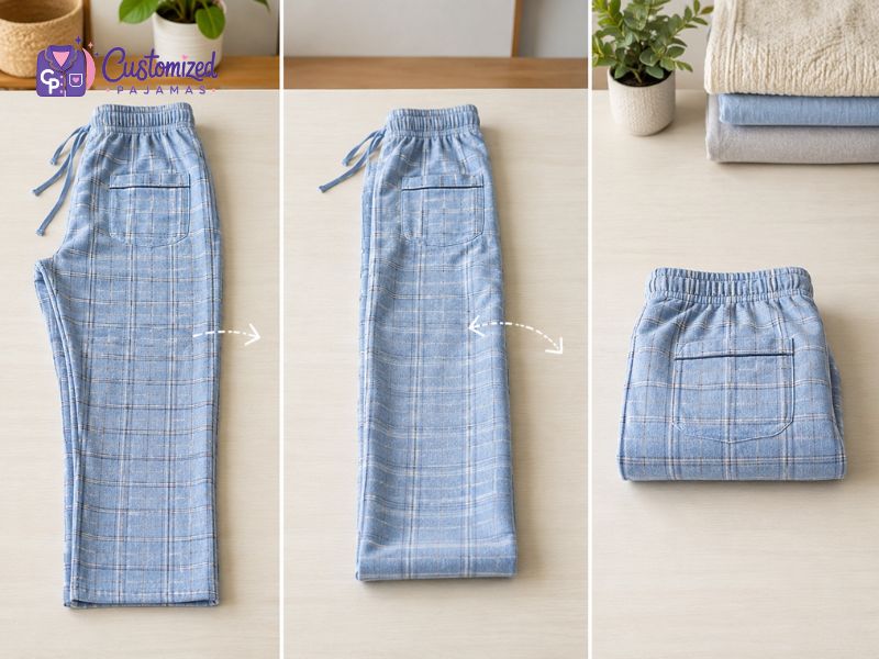 how-to-fold-pajama-sets-3 Step-by-step guide on how to fold light blue plaid pajama pants neatly on a wooden table.