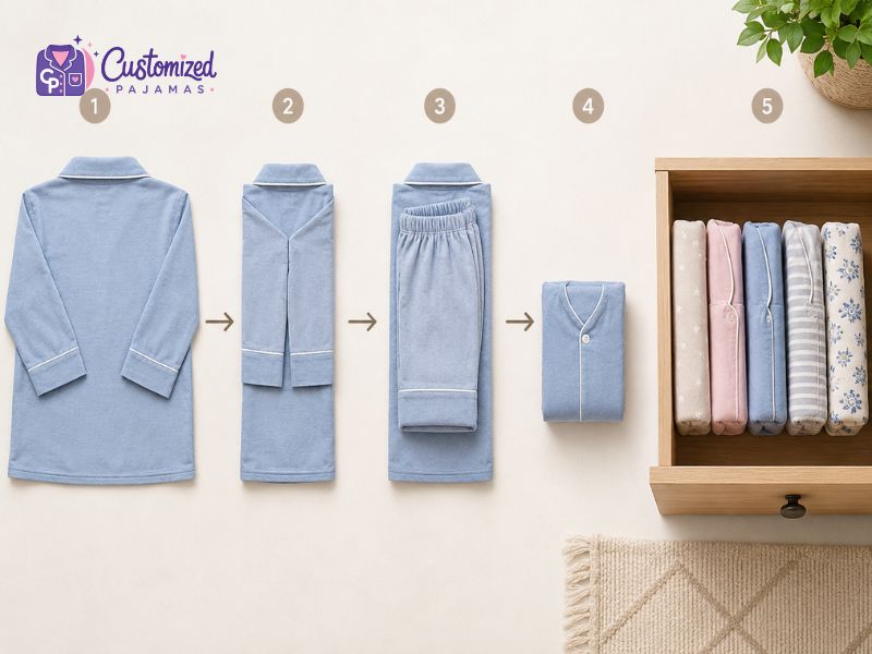 how-to-fold-pajama-sets-4 Step-by-step guide on how to fold pajamas KonMari style to save space in a dresser drawer.