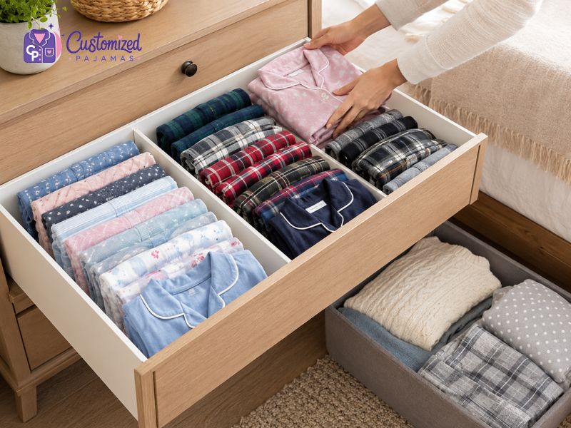 how-to-fold-pajama-sets-7 Neatly folded customized pajamas and plaid sleepwear organized in a wooden dresser drawer using dividers.