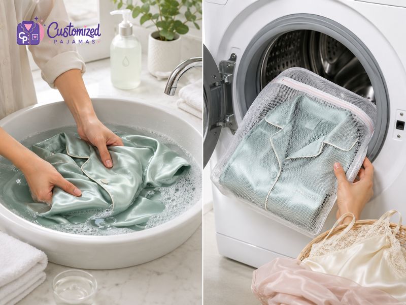 How to wash customized satin pajamas by hand and in a washing machine using a mesh bag.