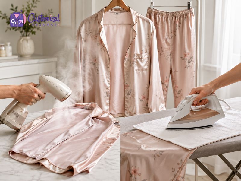 Customized pink floral satin pajama set being steamed on a marble table and ironed on an ironing board, showing effective clothing care methods.