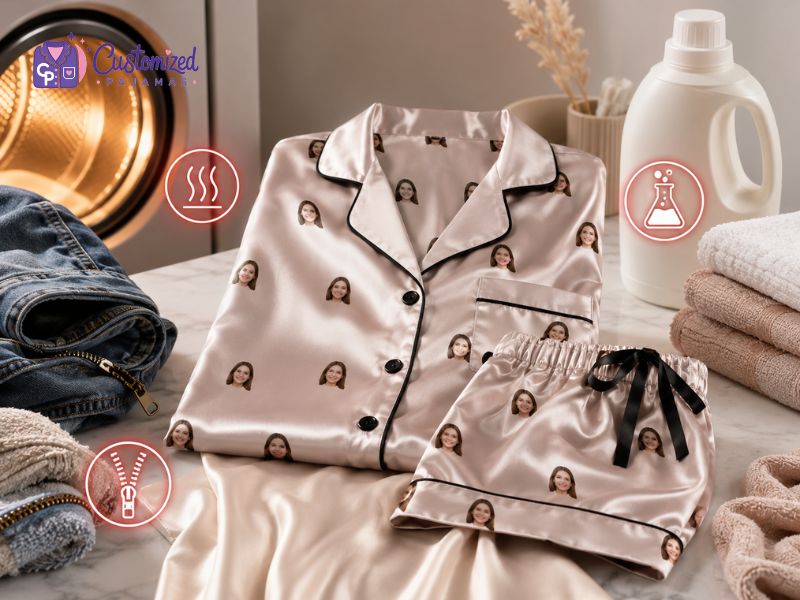 Custom face pajamas set in satin champagne pink next to laundry icons for care instructions.