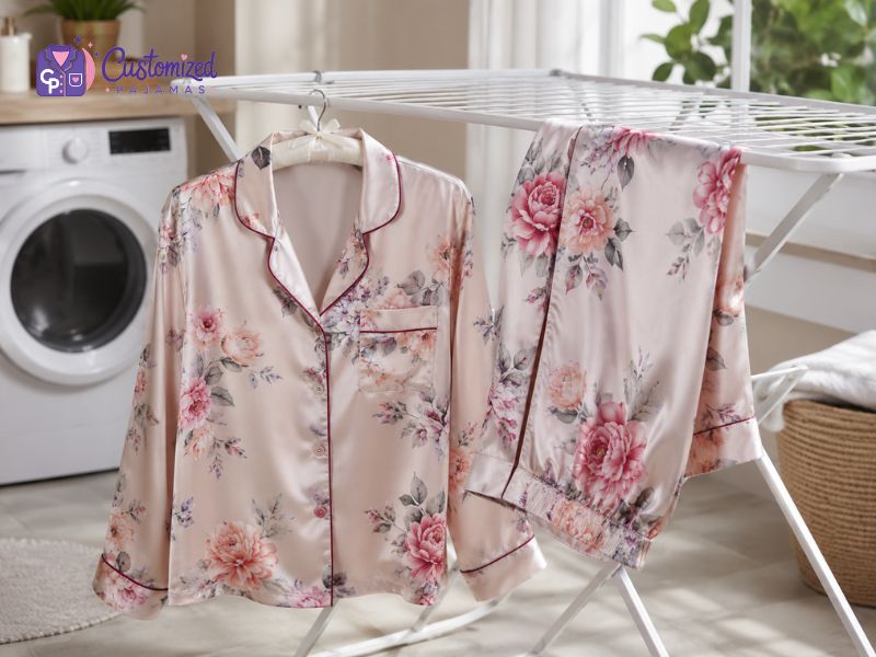Pink floral silk pajamas with piping details hanging on a laundry rack.