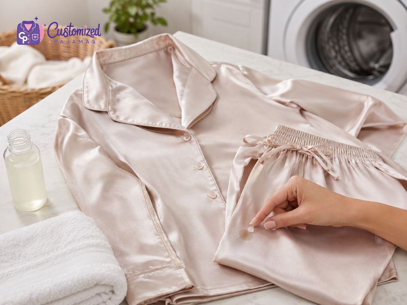 Custom silk pajamas stain removal with pre-treat bottle and towel.