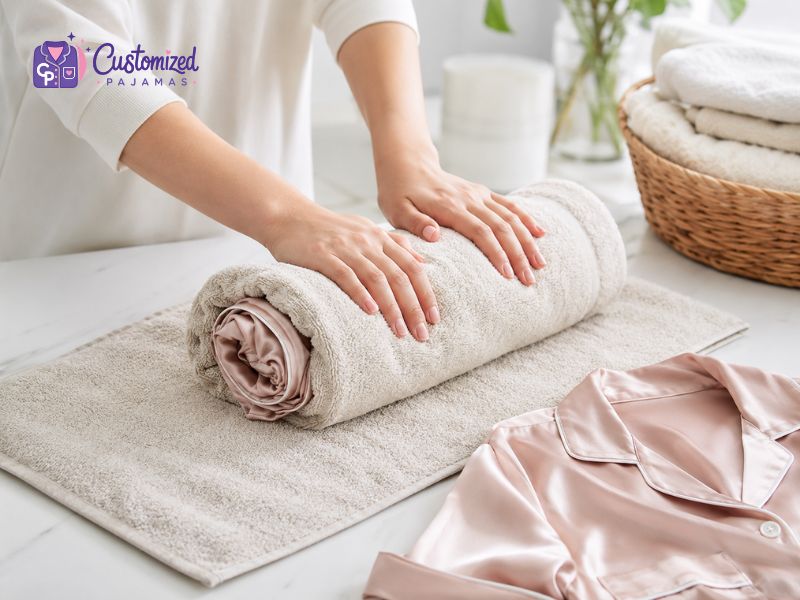 A person rolling a pink silk pajama set inside a beige towel to remove excess water.