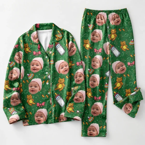 custom photo pajama set with baby face and toys