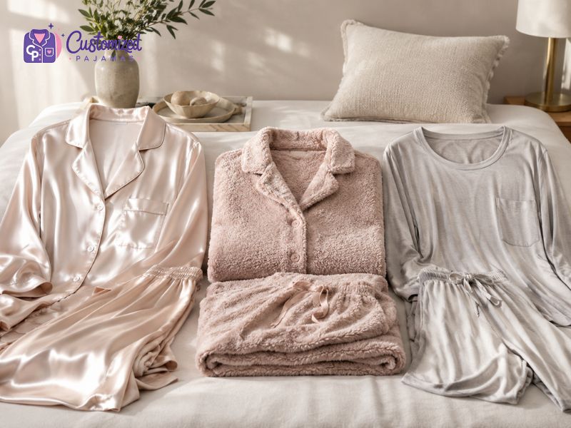 Three styles of Customized Pajamas sleepwear sets—champagne silk, dusty pink fleece, and grey cotton—neatly arranged on a bed.