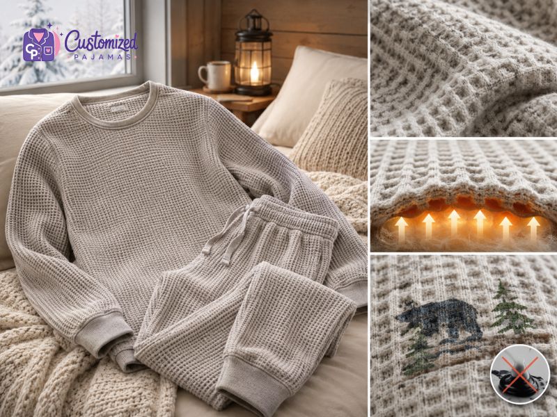 Cozy beige waffle knit pajama set on a bed with close-up thermal texture details and a bear print pattern.
