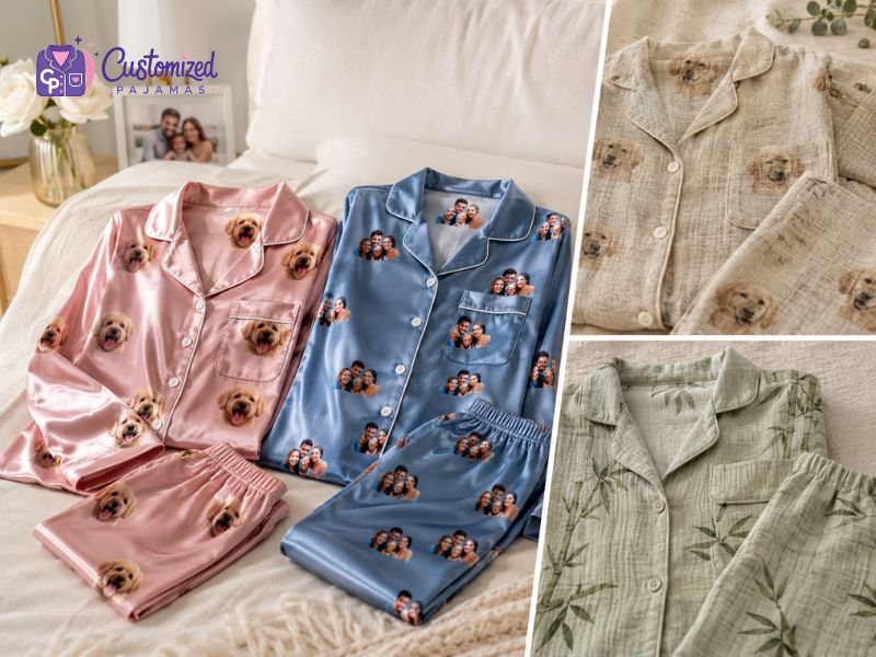 Custom pajamas with printed pet faces and family photos, including pink satin, blue satin, beige dog print, and green bamboo pattern pajama sets on a bed.