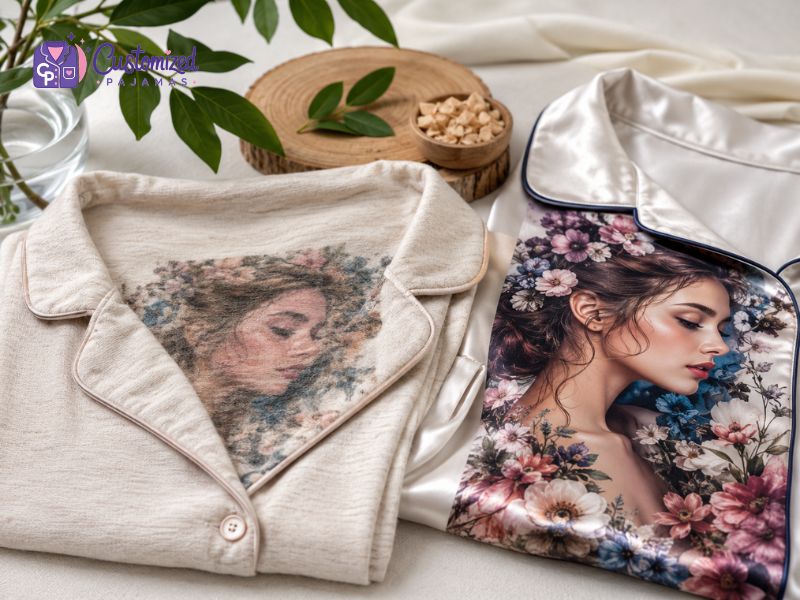 Custom printed pajama set showing two fabric options (cotton and silk) with unique floral women portraits.