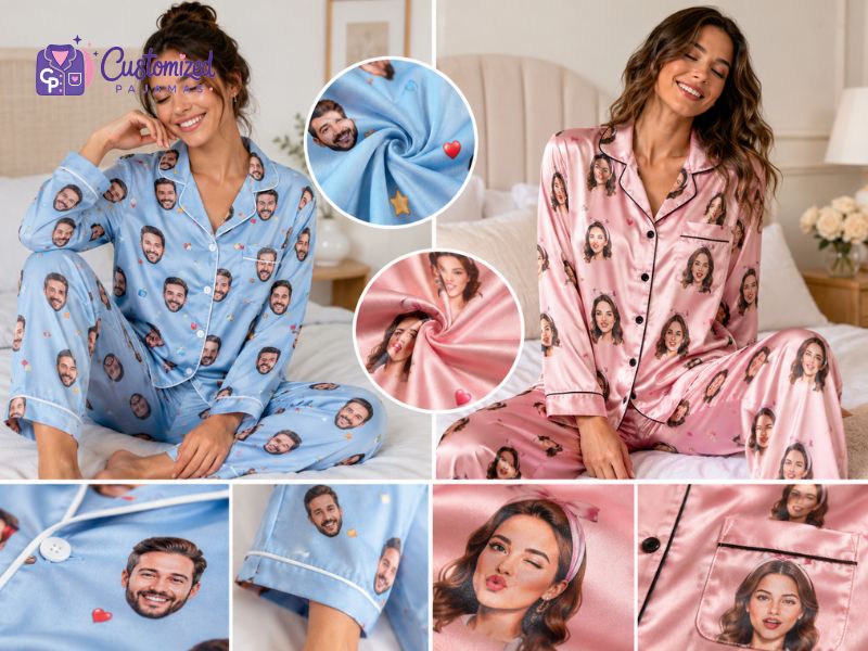 Custom face satin pajamas for couples in blue and pink, featuring personalized photo prints and luxury sleepwear details.