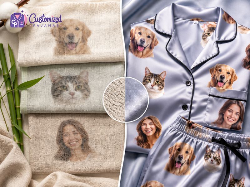 Custom satin pajamas with dog, cat and family face prints beside soft cotton fabric comparison.