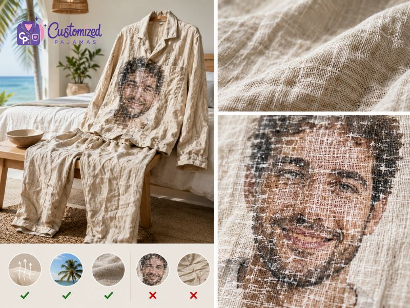 Customized linen pajamas set featuring a printed man's face, showing fabric texture details and material quality comparison icons.