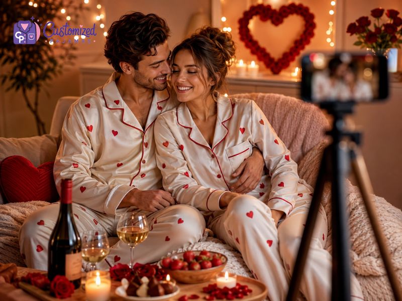 Couple wearing matching custom heart-print pajamas for a cozy Valentine’s Day date night with candles, wine, roses, and romantic decor.
