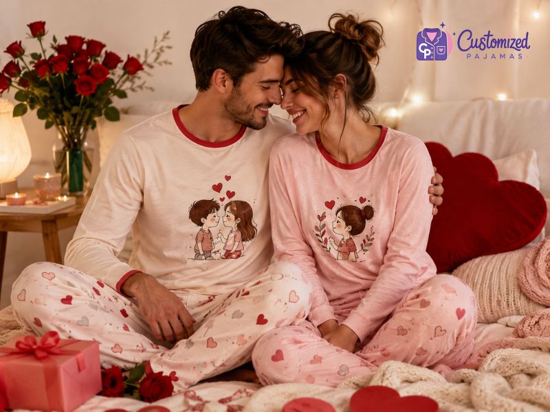 Couple wearing matching custom Valentine’s pajamas with heart prints, roses, and gift box in a cozy romantic bedroom.