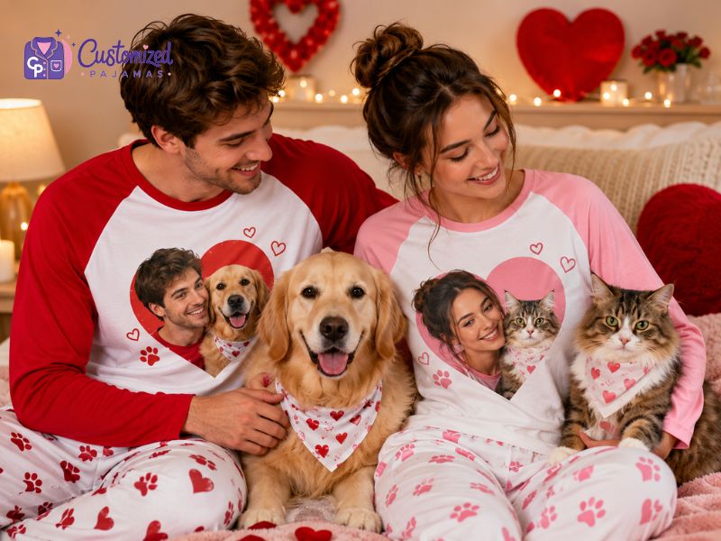 Couple wearing matching custom Valentine pajamas with pet face prints, sitting with a golden retriever and cat in a cozy romantic bedroom.