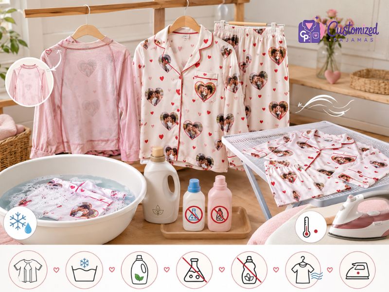 Custom photo pajamas with heart patterns shown with washing and care instructions for keeping personalized sleepwear soft and vibrant.