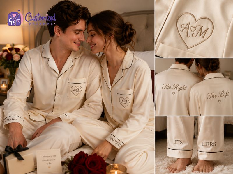 Custom couples pajamas with personalized monogram embroidery, romantic matching sleepwear for Valentine’s Day gift with his and hers pajama details.