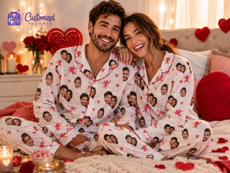Happy couple wearing custom couples pajamas with photo prints in a romantic Valentine’s bedroom setting.