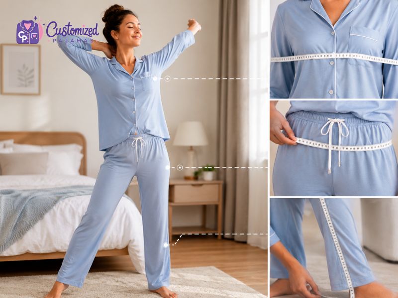 Woman wearing light blue pajamas with measuring tape showing chest, waist, and inseam measurements for a pajama sizing guide.