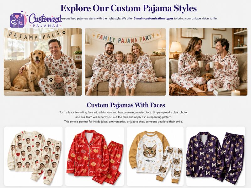 Custom pajama styles featuring face print pajamas for families, couples, and pet lovers with matching personalized sleepwear designs.