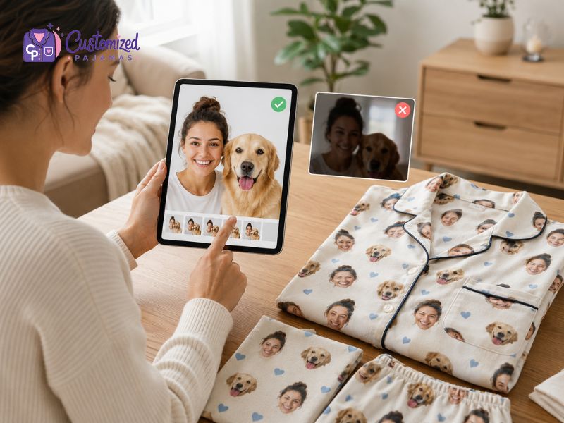 Woman choosing a high-quality pet photo on a tablet for personalized dog face pajamas with custom photo print design.
