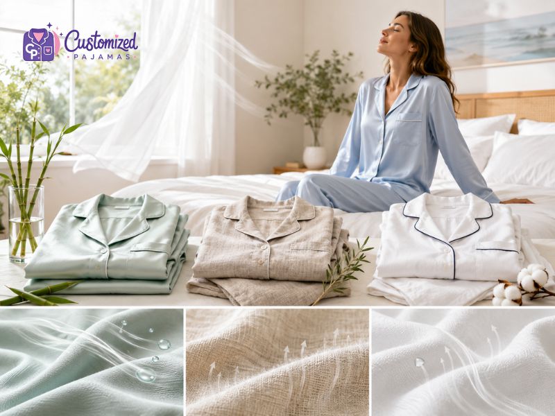 Woman in light blue customized pajamas with folded breathable satin, linen, and cotton sleepwear fabrics.