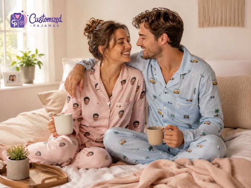Couple wearing personalized face pajamas and holding coffee mugs in a cozy bedroom.