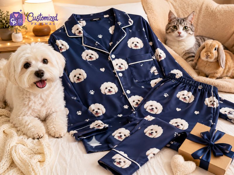 Custom navy pet face pajamas with white dog print, displayed in a cozy bedroom with a dog, cat, rabbit, and gift box.