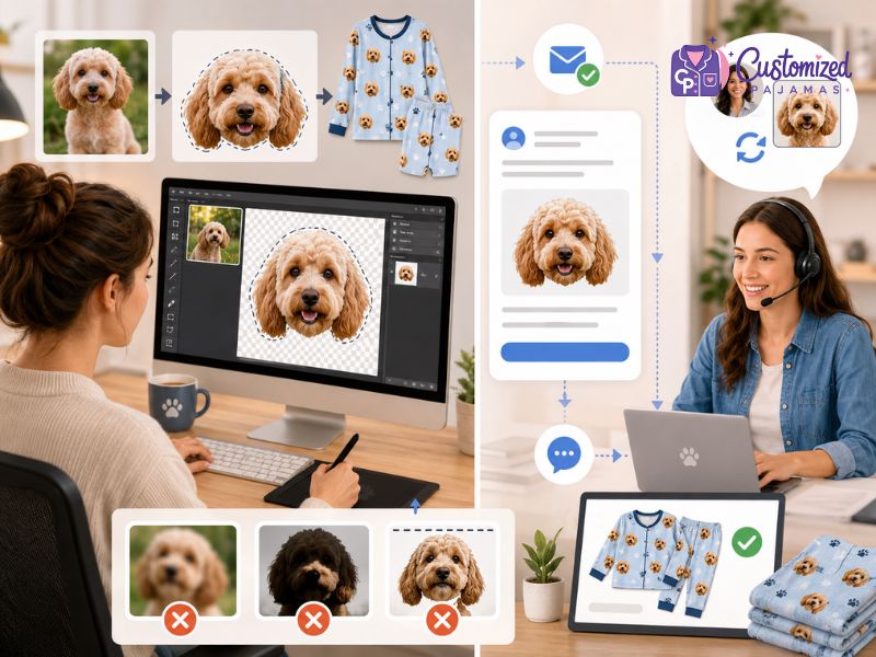 Custom pet face pajamas design process showing dog photo editing, customer support, and finished printed sleepwear.