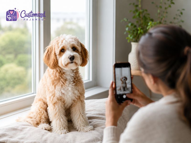 Woman taking a photo of a fluffy Cockapoo dog sitting by the window using a smartphone.
