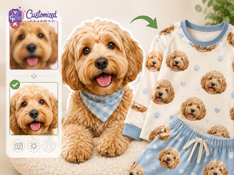 Custom pajamas featuring a printed pattern of a fluffy golden doodle dog's face next to the real dog wearing a blue plaid bandana