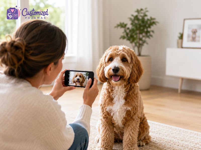 A woman takes a photo of her cute Labradoodle puppy with a smartphone in a living room, capturing the puppy smiling and looking at the camera.