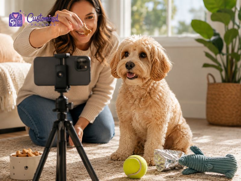 Woman recording her golden doodle dog with smartphone on tripod while training and giving treats.