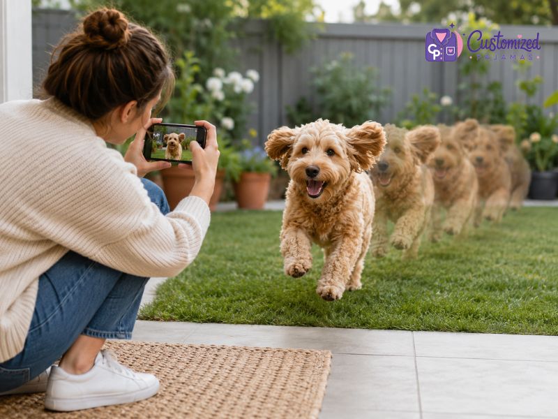 A woman in a cozy sweater uses a smartphone to take a photo of her happy, running golden-doodle puppy in a garden setting with a trail motion blur effect.