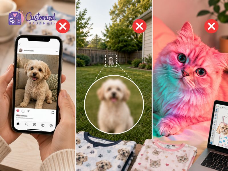 Common pet photo mistakes for custom pajamas, including low-resolution social media screenshots, blurry distant dog photos, and heavily filtered cat images.