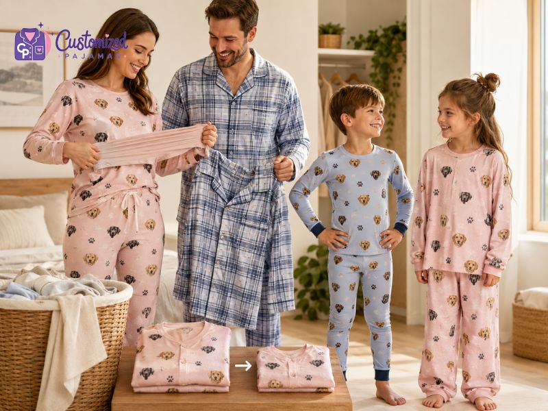 Family wearing matching custom pet face pajamas in a cozy bedroom, featuring personalized sleepwear sets for parents and kids.