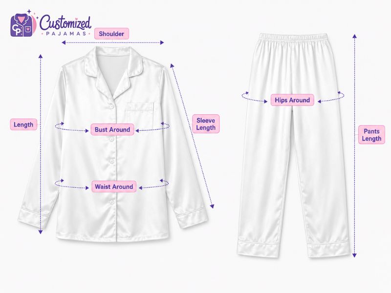 Customized Pajamas size guide showing white satin pajama shirt and pants measurements for shoulder, bust, waist, sleeve, hips, and length.