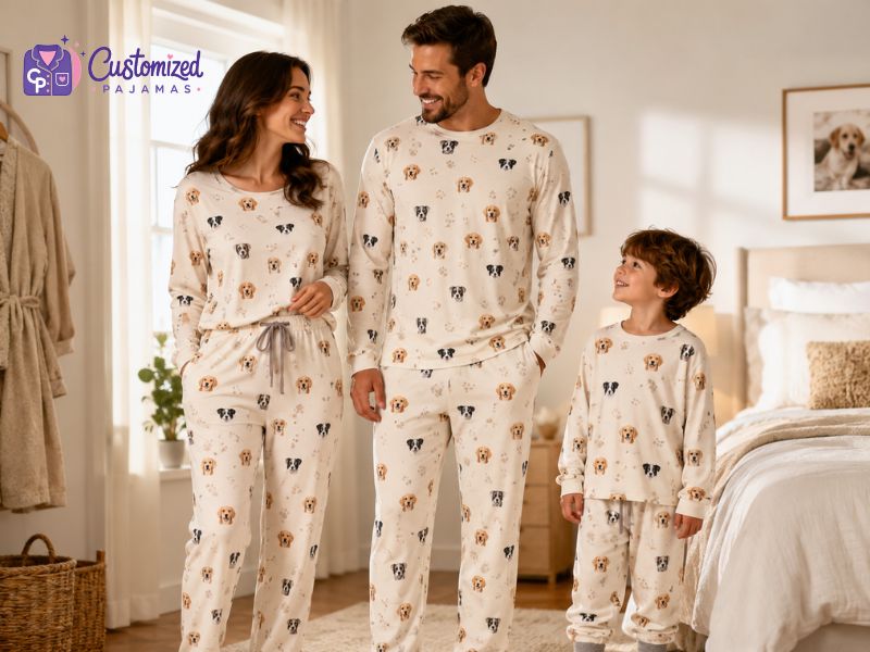 Matching custom family pajamas with personalized dog face print, featuring parents and child in cozy pet-themed sleepwear.